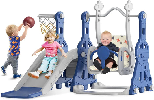 4 in 1 Toddler Slide and Swing Set, Baby Slide for Toddlers Age 1-2, with Basketball Hoop, Indoor Outdoor Toddler Playset Blue