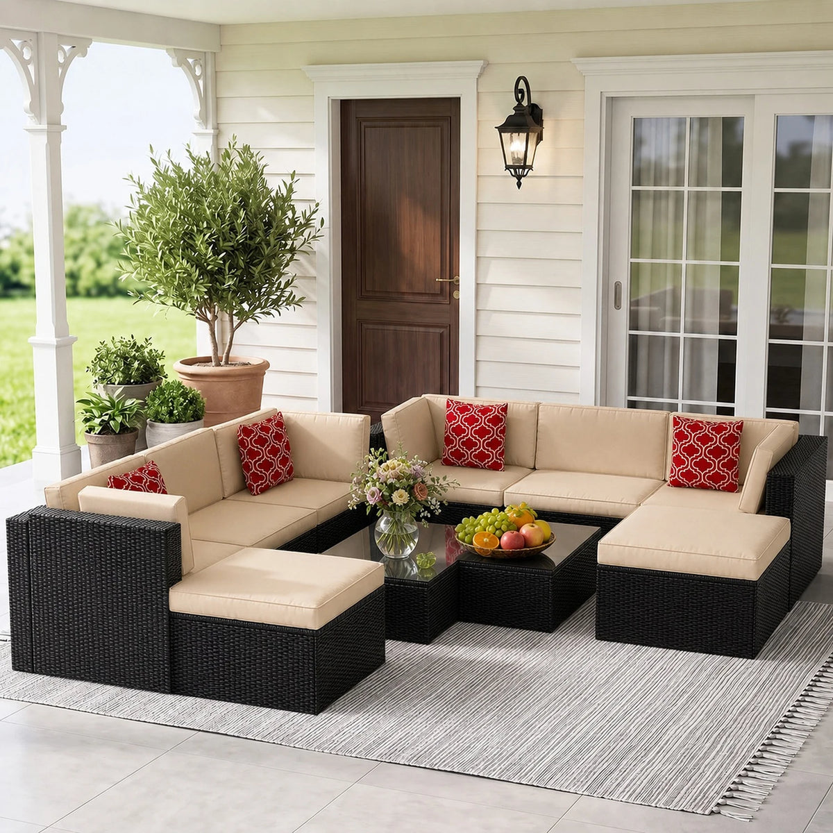 10/9 Piece Modular PE Wicker Patio Conversation Set, Outdoor Sectional Sofa with Removable Thick Cushions, Glass Top Coffee Side Tables, All Weather Rattan Furniture for Backyard Poolside Garden Deck