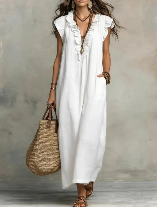 Women's Retro Bohemian Ruffle Linen Maxi Dress, Ruffle V-Neck Sleeveless Loose Summer Dress with Pockets, Summer Casual High-Waist Loose Beach Maxi Dress, Sunny Dress with Flutter Sleeves and Floor-Length Skirt