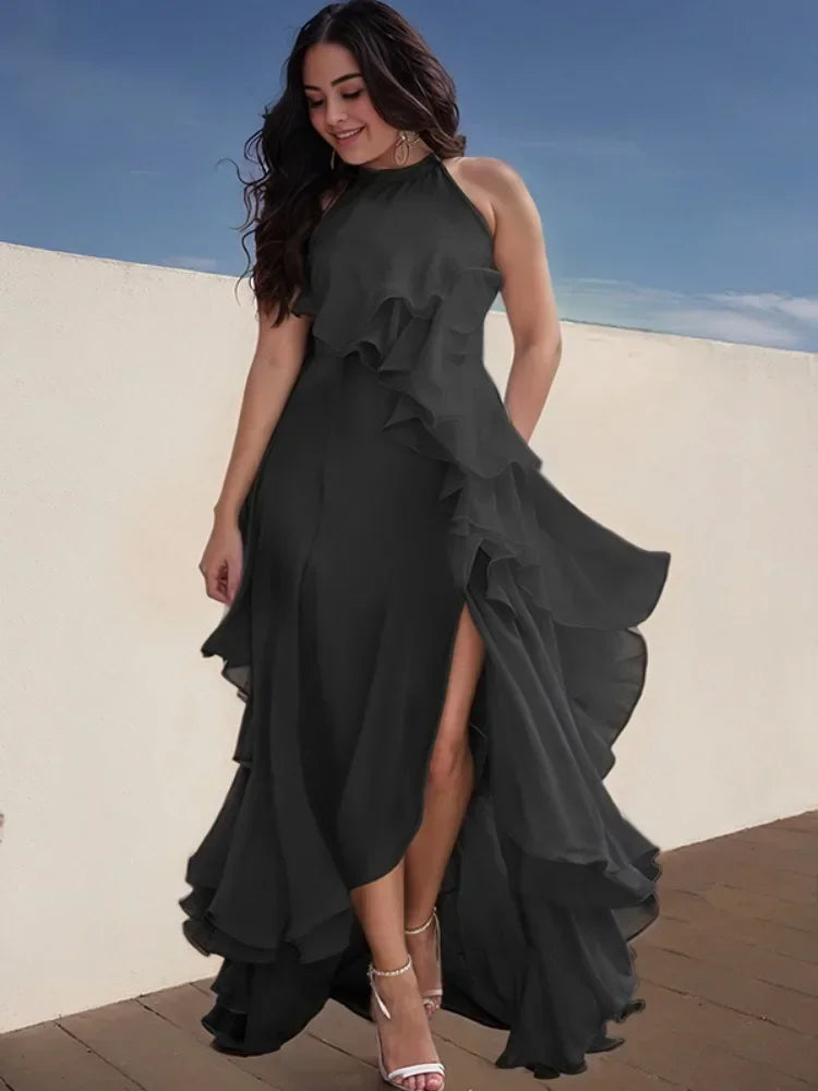 Modigirl Party Long Black Dresses for Women Loose Sleeveless Layered Ruffle Trim Split-Front Elegant Wedding Prom Maxi Dresses
