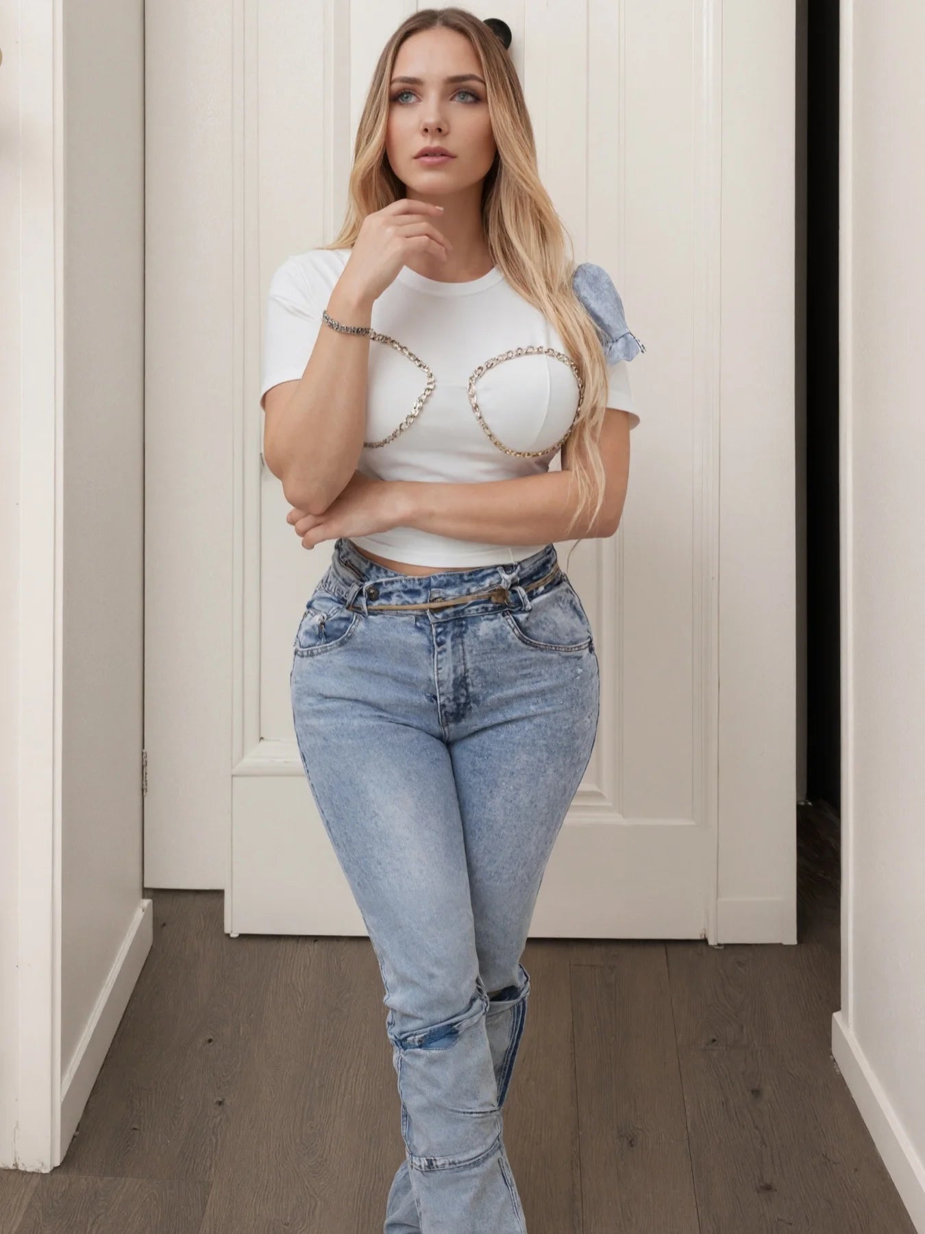 Women's high-waisted slim-fit stretch denim pants with a cross waistband and multi-pocket design, street-style jeans