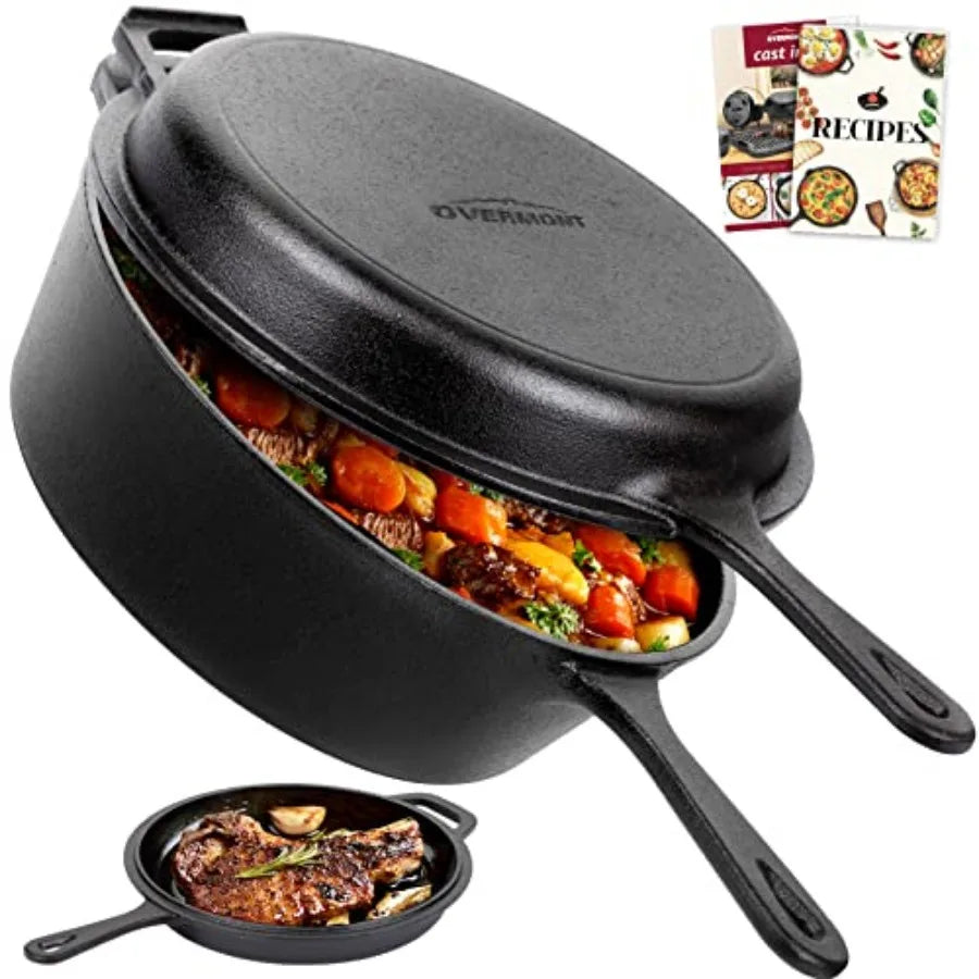 Cast Iron Skillet with Lid - 2-in-1 Cast Iron Dutch Oven - 3.2QT Deep Pot with Frying Pan - Pre-seasoned Cookware Multi Cooker