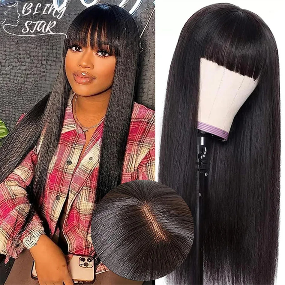 3x1 Bone Straight Human Hair Wigs with Bangs Full Machine Made Wigs Brazilian Human Hair Wigs For Black Women 18-34 Inch
