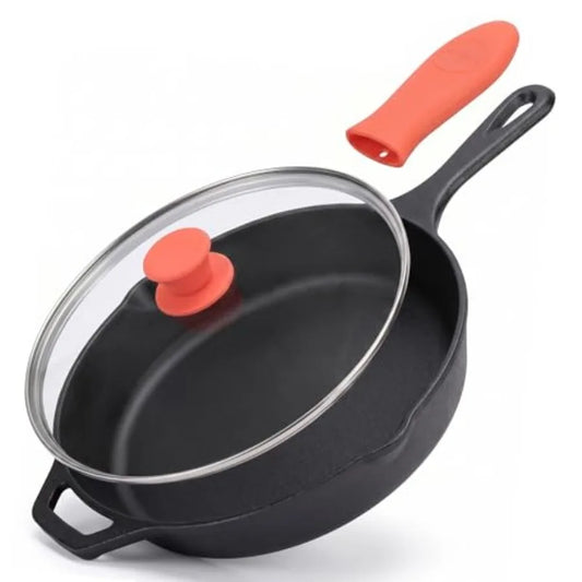 10 Inch Cast Iron Skillet with Lid - Pre-Seasoned Small Fry Pan with Side Drip Spout and Silicone Handle
