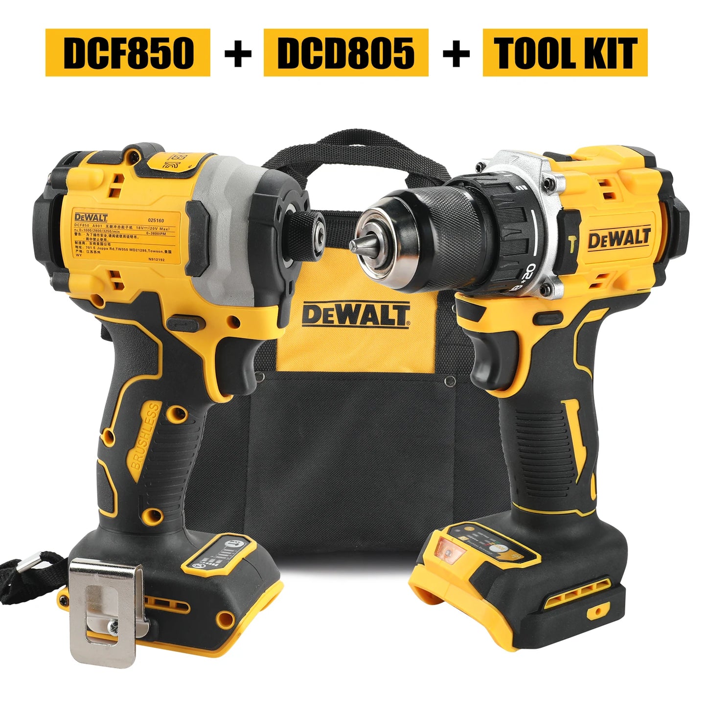DeWalt DCF805 & DCD850 20V Max Lithium Brushless Combo Kit - Cordless Screwdriver, Impact Drill & tool bag