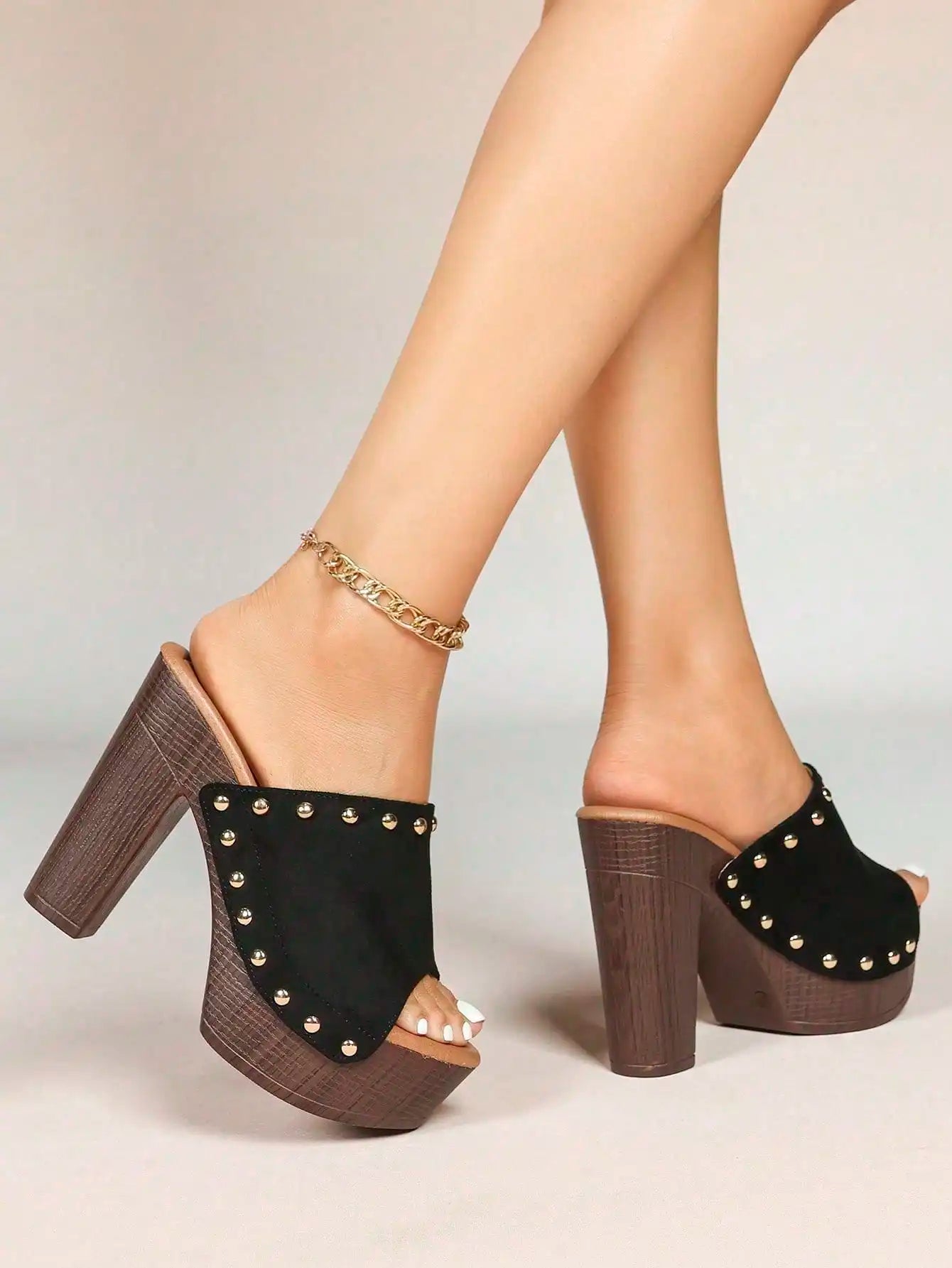 Women Bold Buckles Studded High Chunky Platform Heels For Women Fashion Comfort Slip On Round Open Toe Sandals
