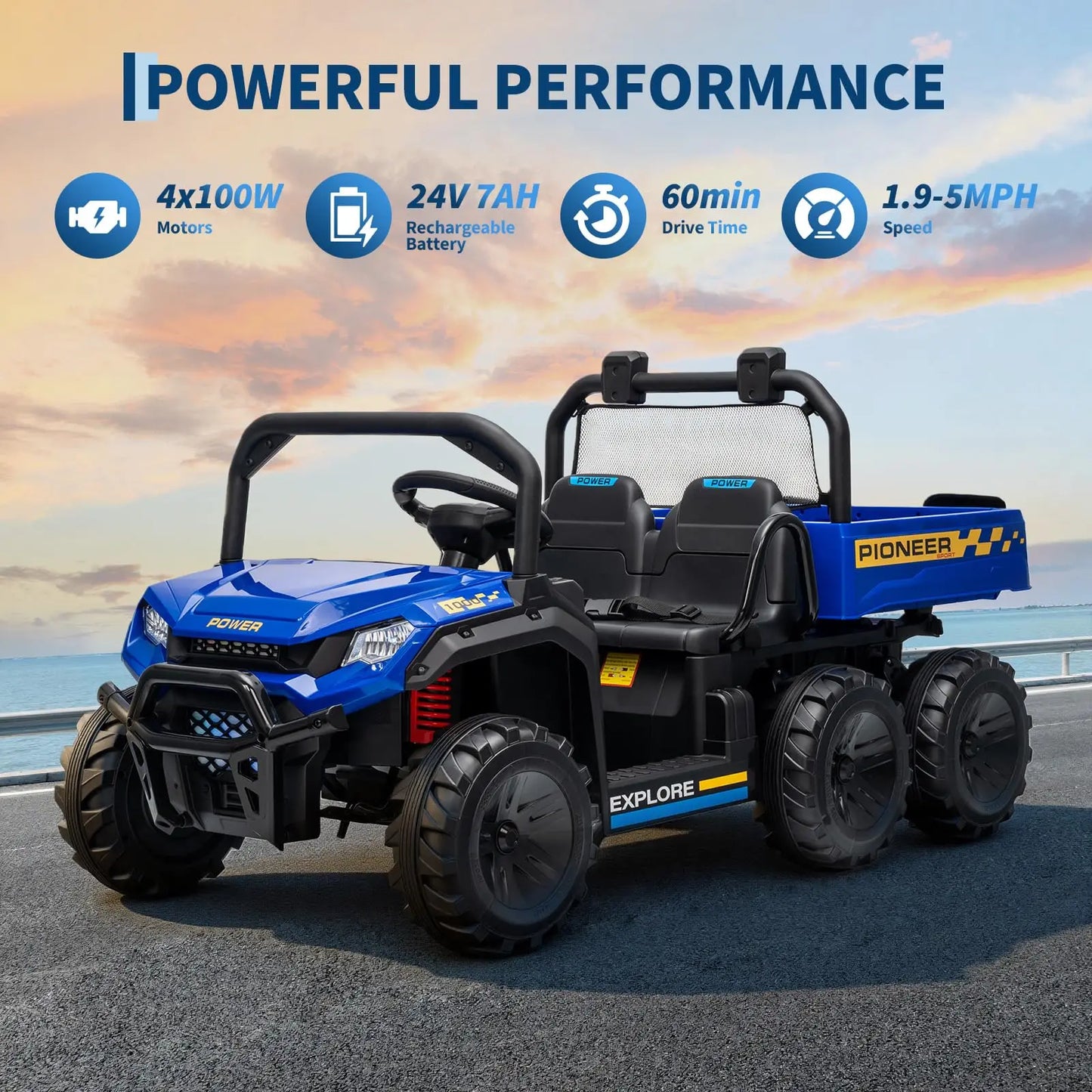 24V 2 Seater Kids Ride on Toy, 4WD 3 Speeds Electric Dump Truck With Remote Control For Children 4-8