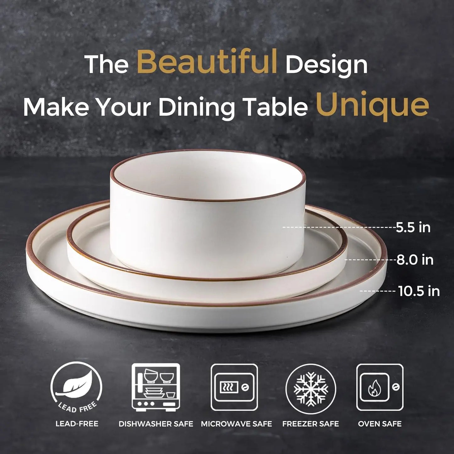 Ceramic Dinnerware Sets for 6, High Edge Stoneware Plates and Bowls Set, Chip and Crack Resistant | Oven & Dishwasher & Microwav
