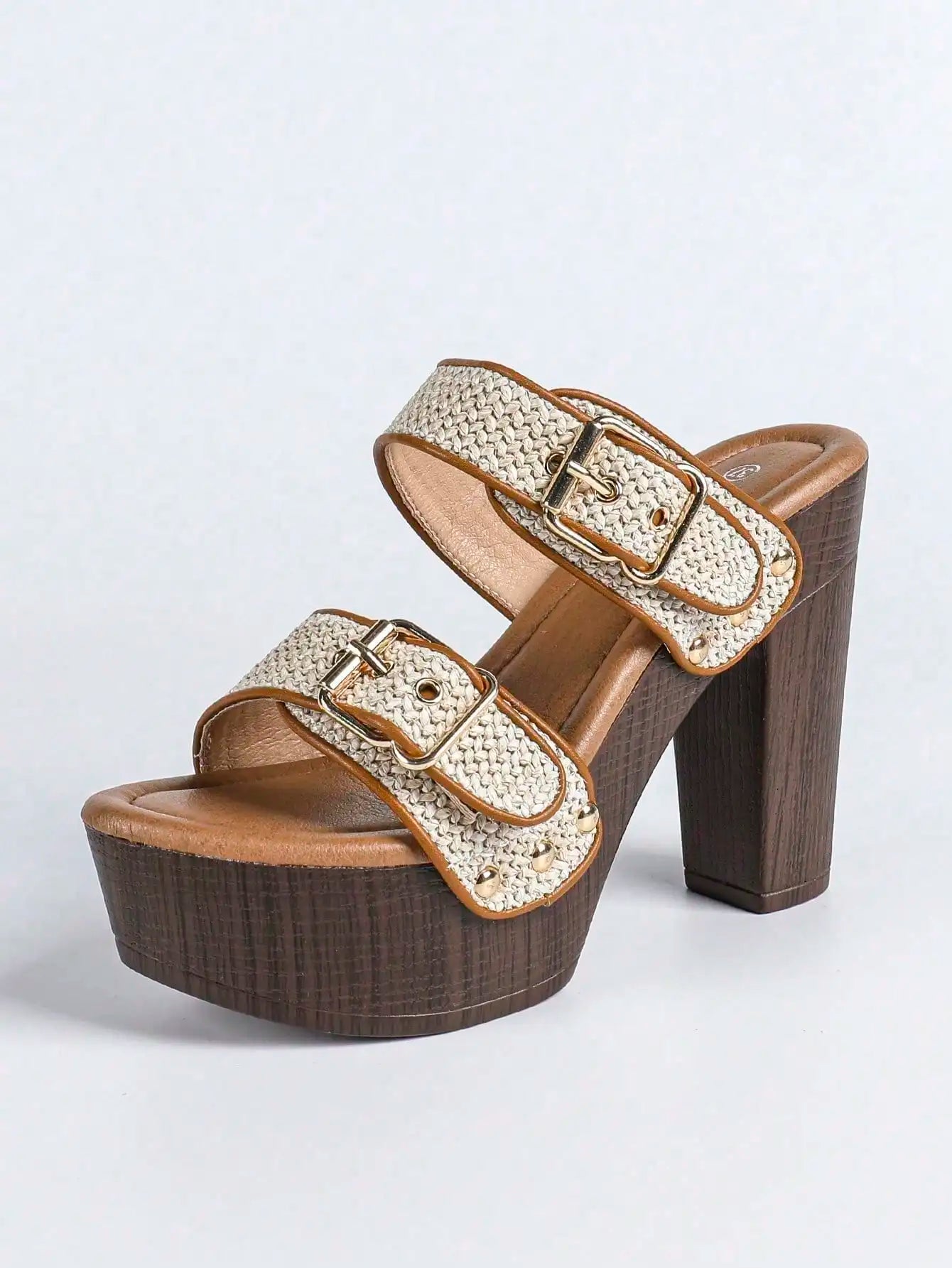 Women Fashion Chunky Platform Block High Heel Summer Sandal With Ankle Strap And Stud Peep Toe Mule Sandals Heel Shoes