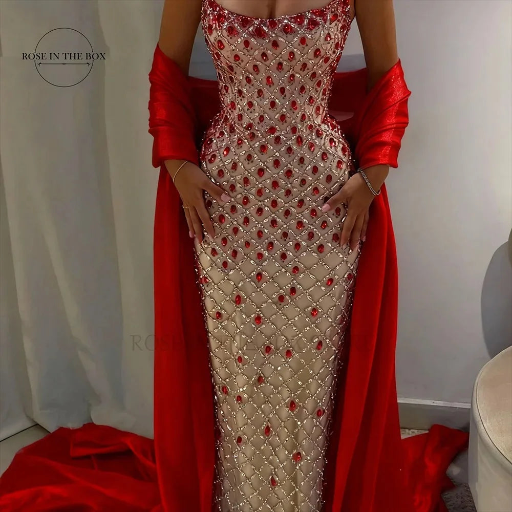 ROSEINTHEBOX Customized Exquisite Crystals Beaded Mermaid Evening Dresses with Light Blue Chiffon Shawl Formal robes de soirée