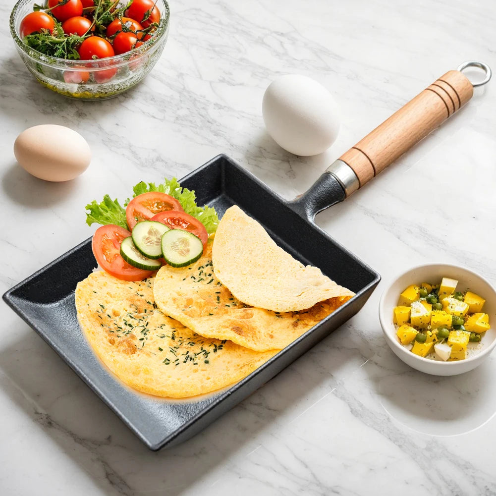 Cast Iron Tamagoyaki Pan Wood Handle Oven Safe with Oil Brush and Shovel Egg Omelette Pan Non Scald for Omelets, Steak & Camping