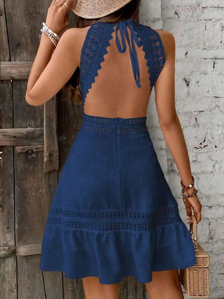 Vintage Style Womens Lace Backless Mini Dress Beach Vacation Outfit