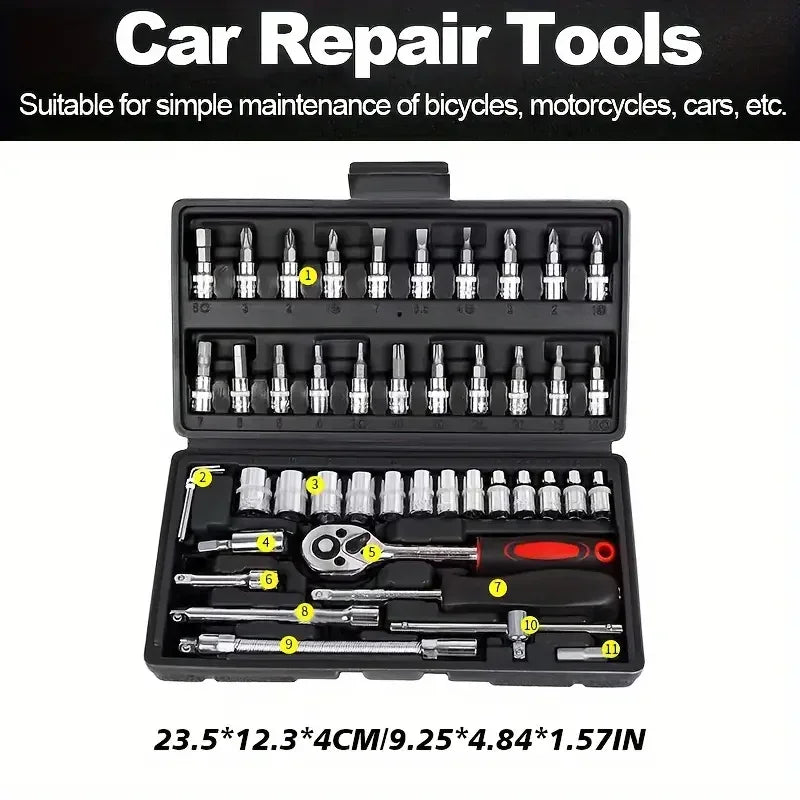 46-piece set 1/4 ratchet wrench with hexagonal sleeve wrench set Automobile repair tool complete set Quick tool Quick repair