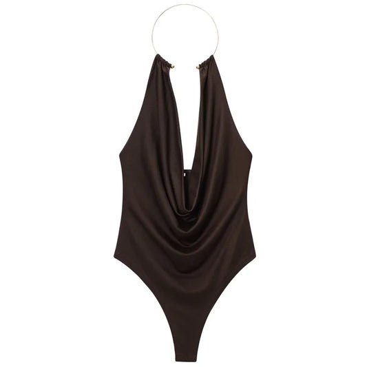 HXAO Brown Halter Bodysuit Women Summer Bodys For Sexy Women Off Shoulder Sleeveless Thong Bodysuit With Open Back Rave Bodysuit