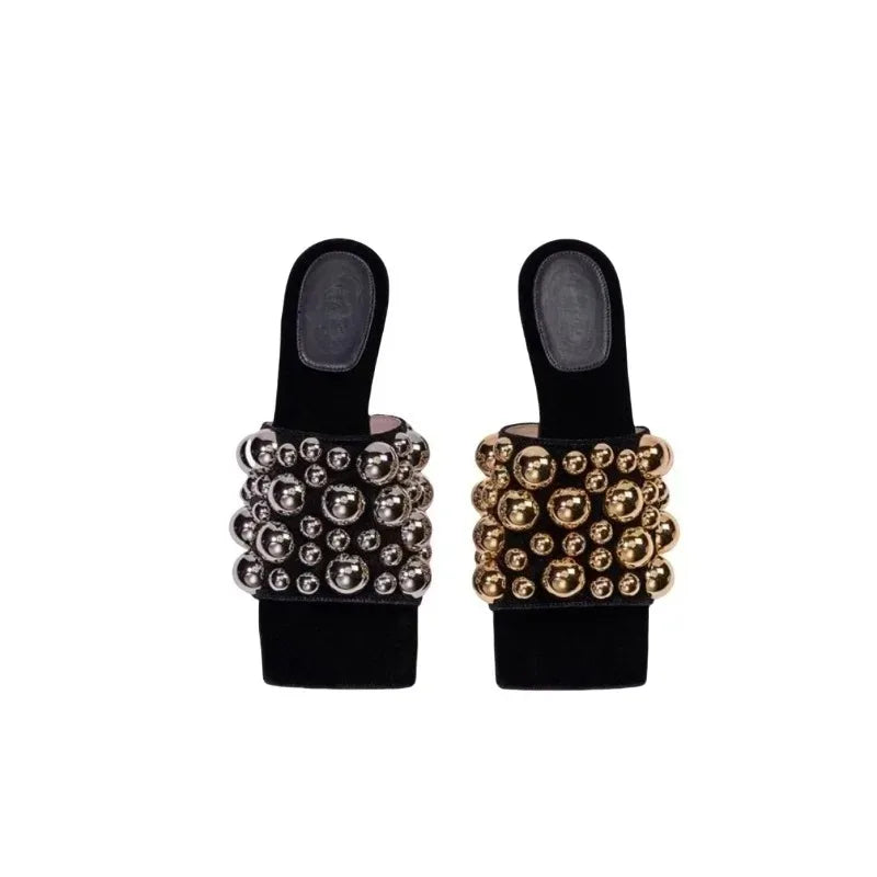 European AndAmerican Nichelightluxurycolorblocked Rivet Flat Bottomed Shallow Mouth Single Shoe Women's Fashion Runway Slippers