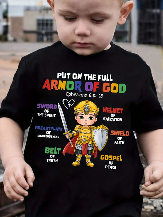 Boys' "Put on The Full Armor of God" T-Shirt - Comfortable And Relaxed Crew Neck Short Sleeve, Black, Graphic Design, Machine Washable, Everyday Youth Clothing | Colorful Graphic Print | Comfortable Stretch Material, Tween Bo