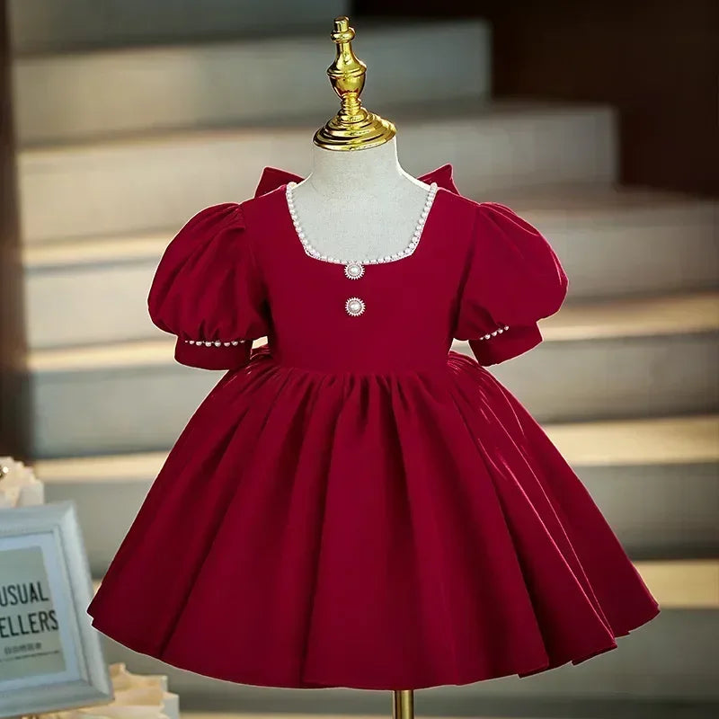 2025 Red Dress For Children Formal Party Dresses For Baby Girl ClothesKids With Big Bow Girls Teenagers Beading Plain Ball Gown