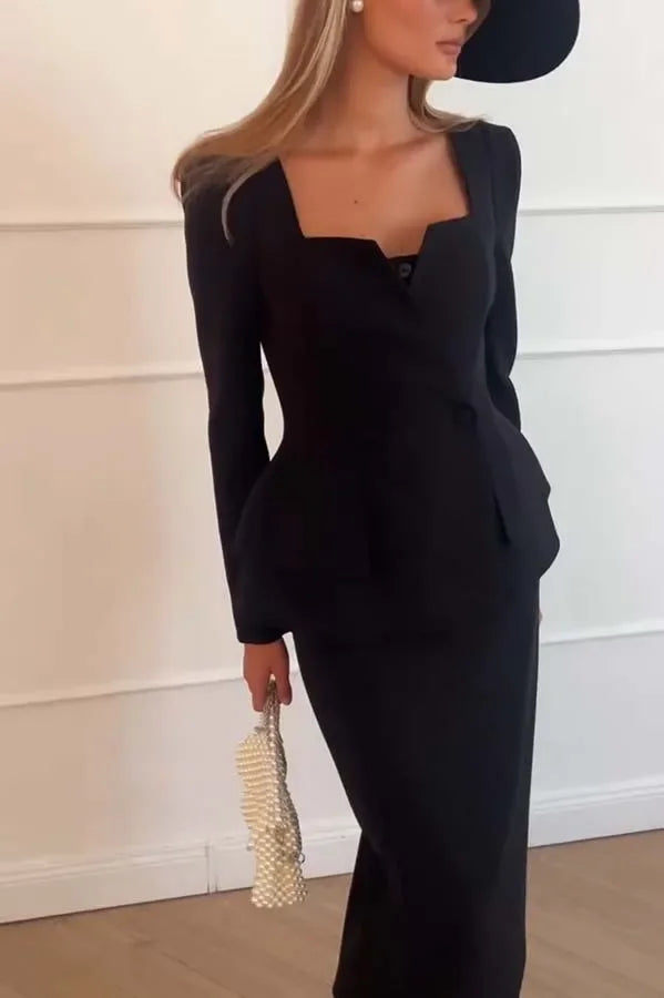 BWQ New Fashion Sexy Long Sleeve Square Neck Double Breasted Pocket Solid Color Slim Fit Suit + Skirt Set For Women,2 Colors