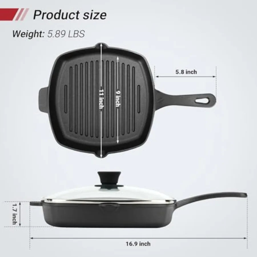 10.5 Inch Cast Iron Square Grill Pan with Tempered Glass Lid Heavy Steak and Bacon Pans for Stove Tops