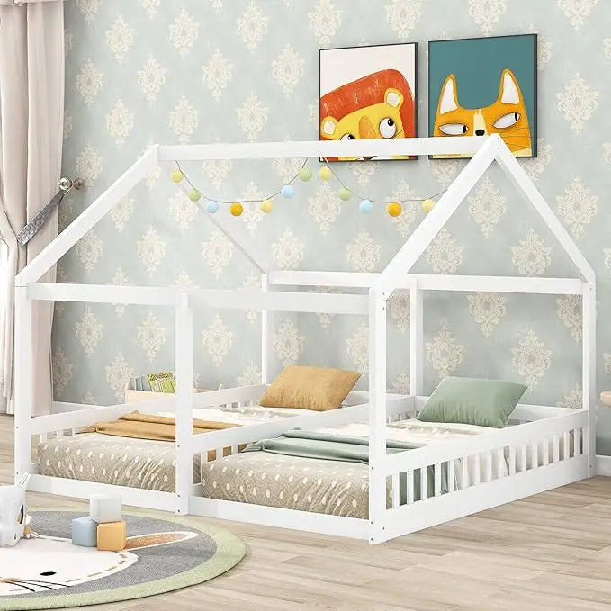P PURLOVE Twin House Bed for 2 Kids,Double Twin Size Shared Beds with Fence Railings,House Montessori Floor Bed Frame Twin Size