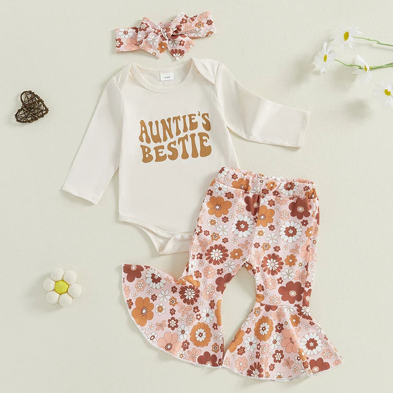 Baby Girl Fall Outfits Letter Print Long Sleeve Romper Flower Print Flare Pants Headband 3Pcs Clothes Set