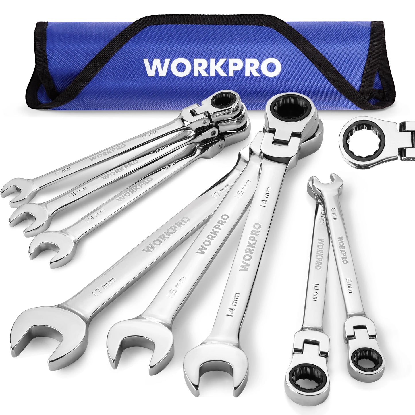 WORKPRO 8pcs Flex-Head Ratcheting Combination Wrench Set SAE 5/16-3/4 in 72-Teeth CR-V Constructed