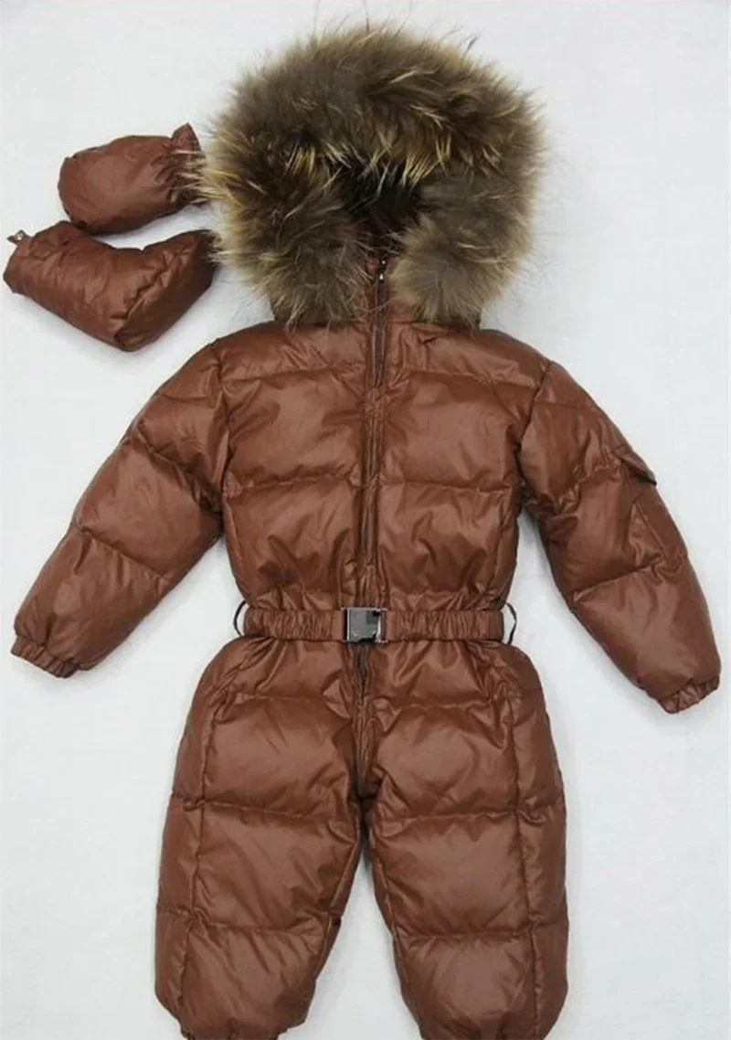 New baby winter fur collar hooded thick warm solid color cute sports zipper waist cinching jumpsuit
