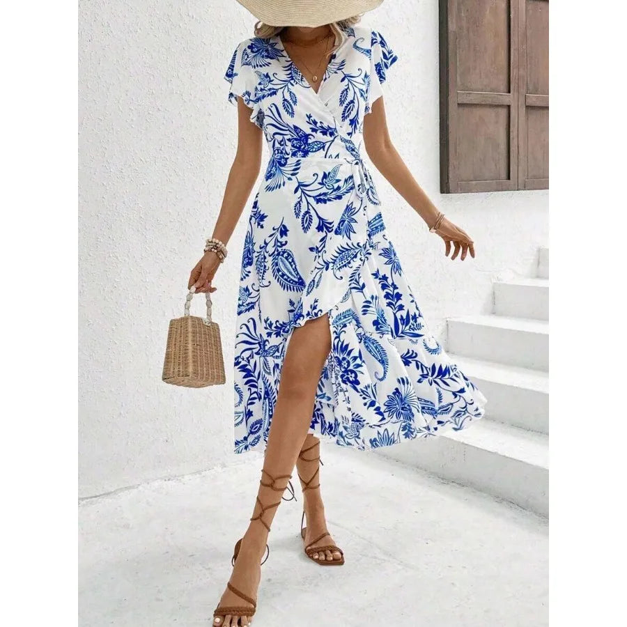 【New style】Women's Floral Printed Wrap Style Midi Dress Maxi Women Outfit