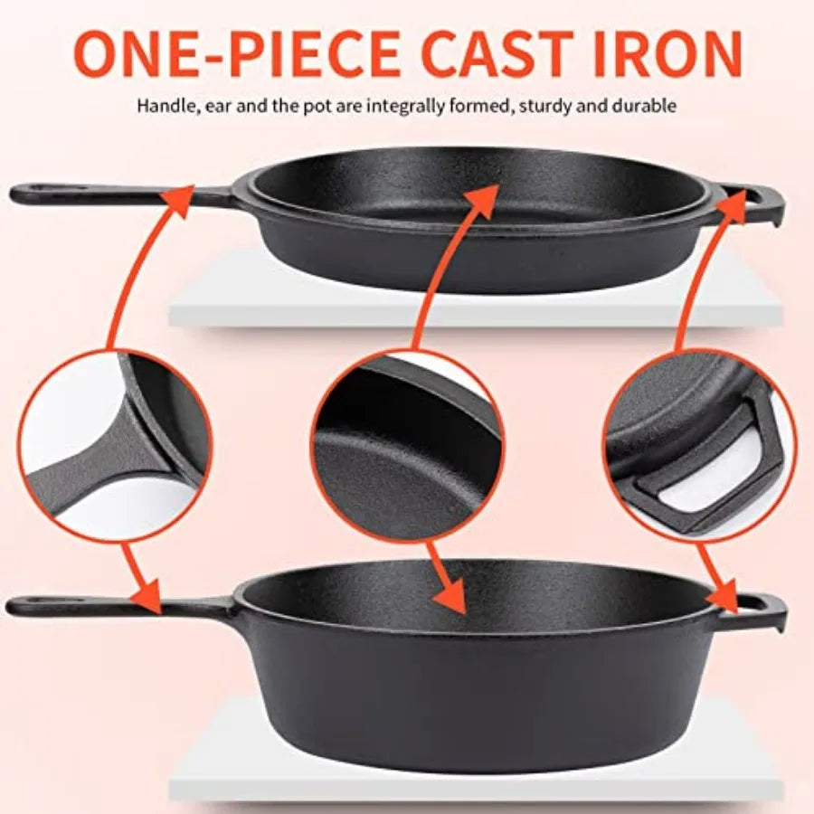 Cast Iron Skillet with Lid - 2-in-1 Cast Iron Dutch Oven - 3.2QT Deep Pot with Frying Pan - Pre-seasoned Cookware Multi Cooker