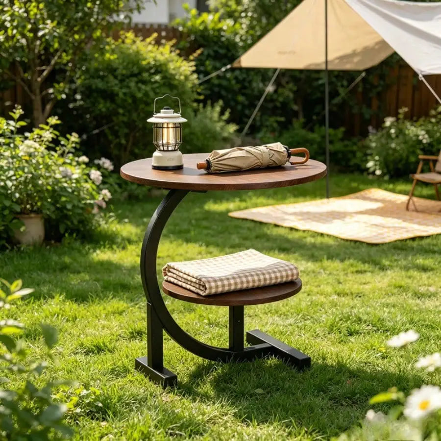 2-Tier Outdoor Patio Side Table, C-Shaped Weather Resistant Faux Marble End Table With Sturdy Metal Frame, Perfect For Garden, Backyard, Balcony, Poolside, Small Spaces, Indoor & Outdoor Use, For Camping