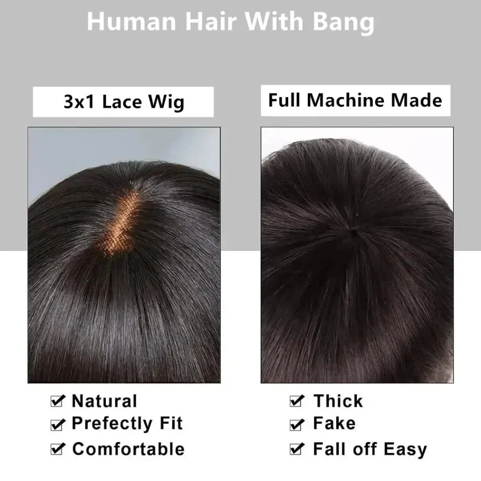 3x1 Bone Straight Human Hair Wigs with Bangs Full Machine Made Wigs Brazilian Human Hair Wigs For Black Women 18-34 Inch