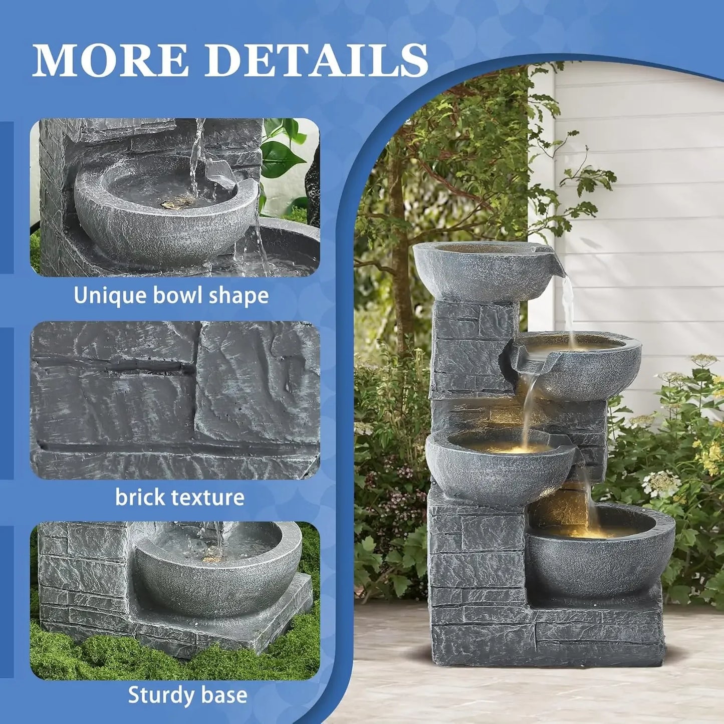 Outdoor Water Fountains with Cascading Bowls, 4-Tiers Fountains and Waterfalls w/LED Lights,Indoor Morden Floor Standing Resin W