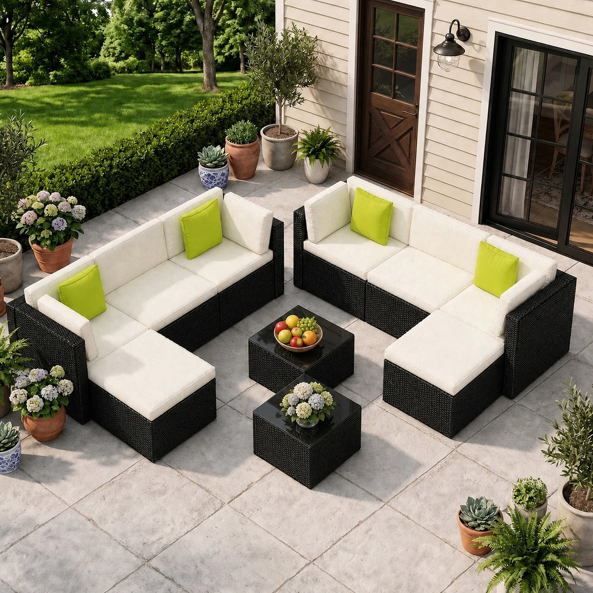 10/9 Piece Modular PE Wicker Patio Conversation Set, Outdoor Sectional Sofa with Removable Thick Cushions, Glass Top Coffee Side Tables, All Weather Rattan Furniture for Backyard Poolside Garden Deck