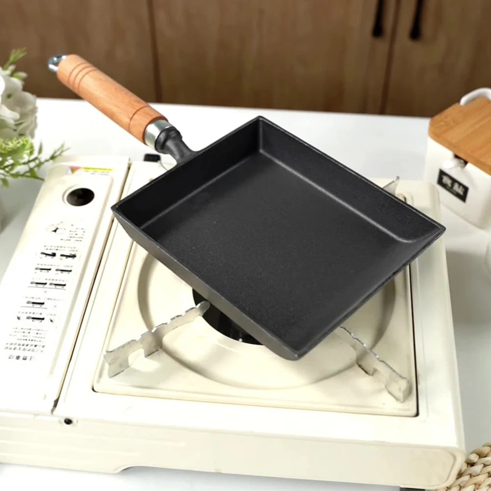 Cast Iron Tamagoyaki Pan Wood Handle Oven Safe with Oil Brush and Shovel Egg Omelette Pan Non Scald for Omelets, Steak & Camping