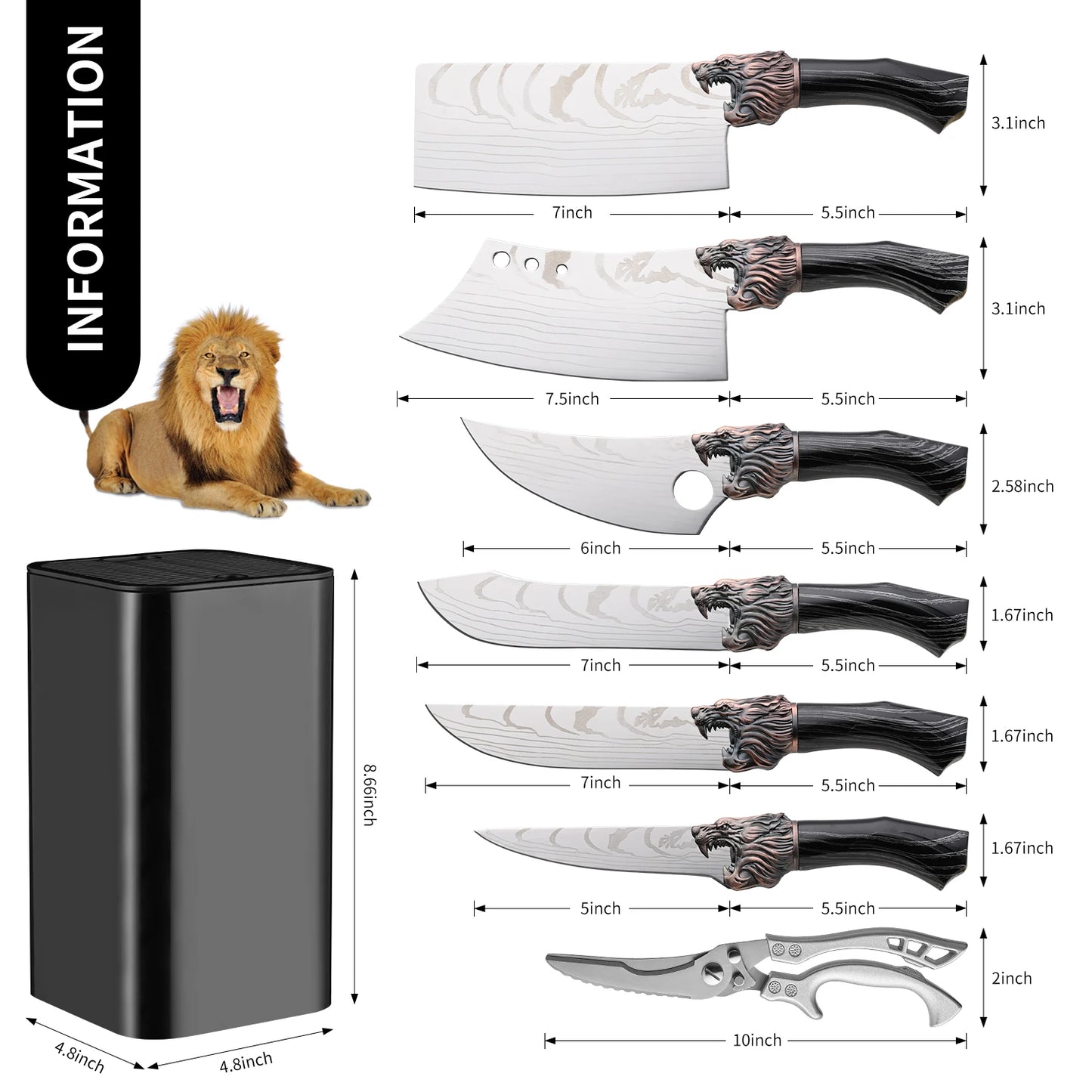 Stainless Steel Kitchen Knife Set, with Block G14 - Japanese Style, Sharp and Durable, with Non-Slip Ergonomic Handle - Perfect for Home Cooking and Baking, Kitchen Knives