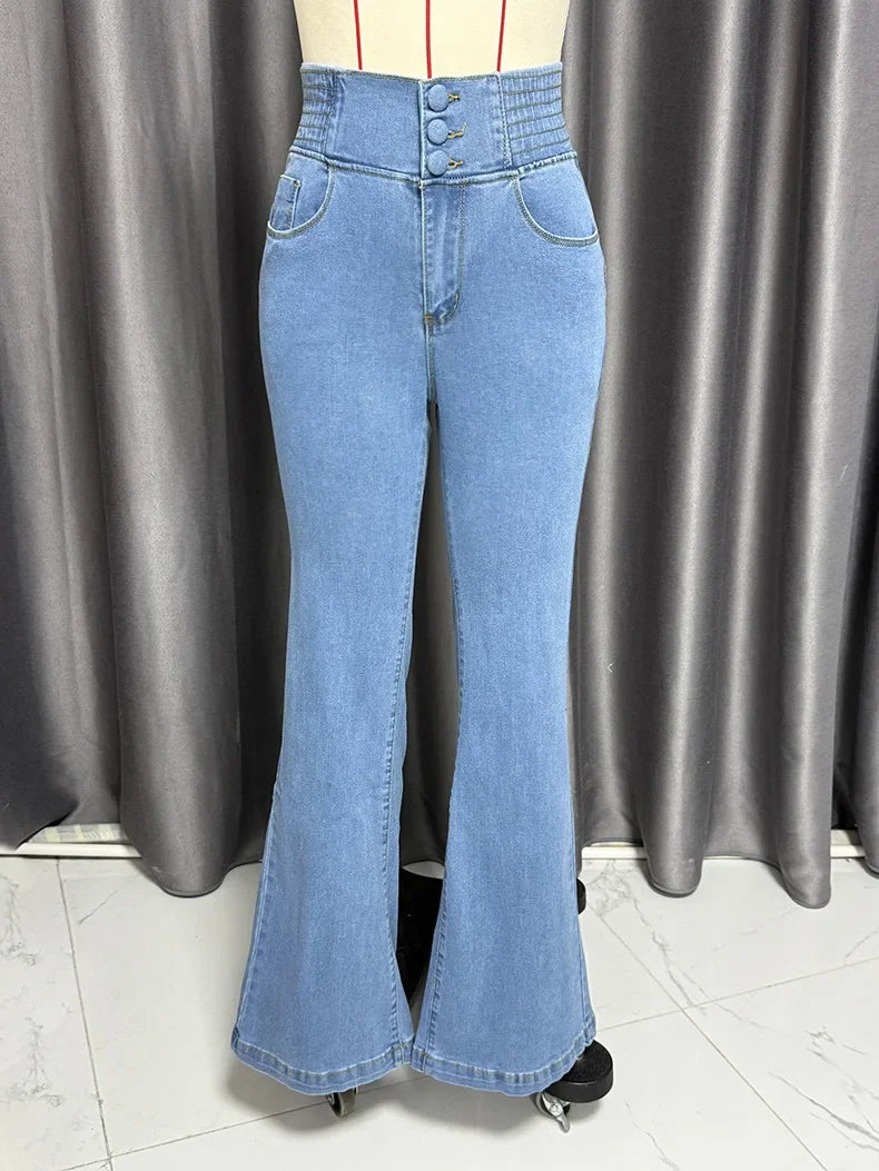 XTOCEAN High Waist Elastic Waistband Flared Jeans Women's Slim Fit Stretchy Butt Lifting Denim Trousers Cross-Border Fashion