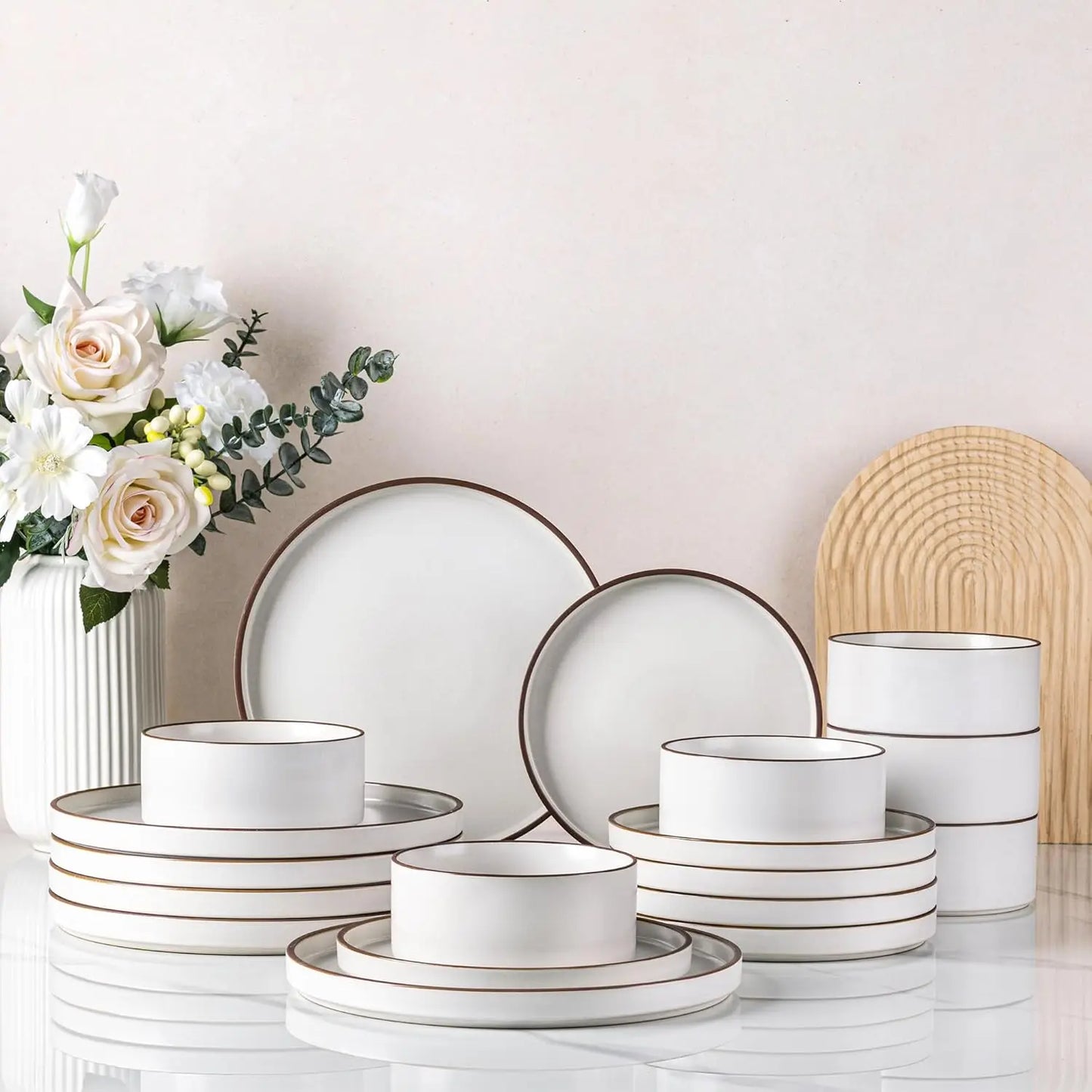 Ceramic Dinnerware Sets for 6, High Edge Stoneware Plates and Bowls Set, Chip and Crack Resistant | Oven & Dishwasher & Microwav