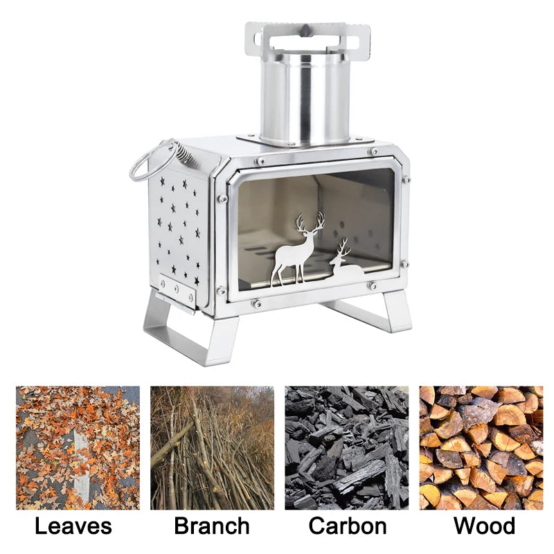 Portable Stainless Steel Foldable Square Outdoor Firewood Burner Stove for Picnic Hiking Camping Outdoor Kitchen Accessories