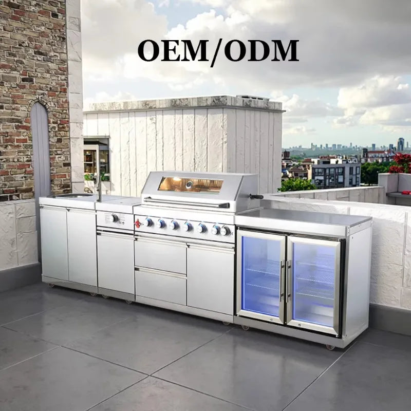 Custom 304 Stainless Steel Movable Modular Outdoor Kitchen BBQ Island Fireproof Cabinet Set With Drawers Hot Sale For Catering