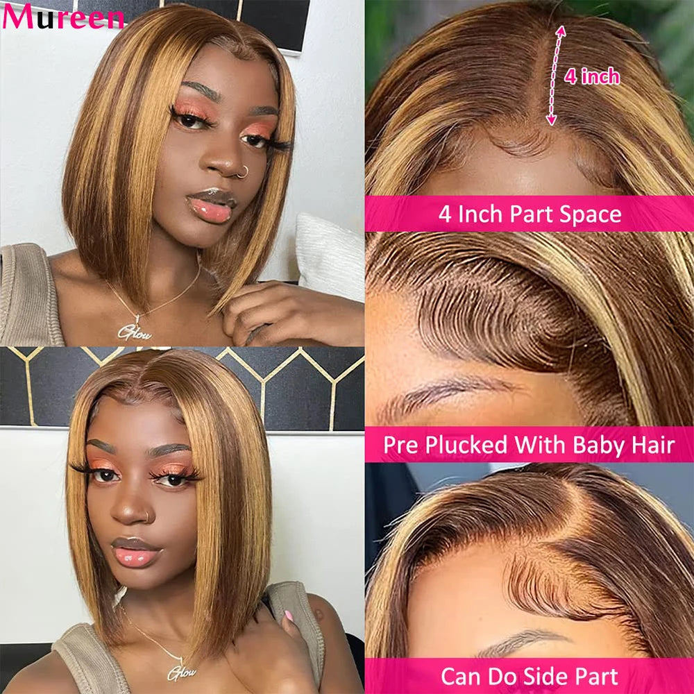 Mureen 4/27 Highlight Bob Wig Human Hair Straight 4/27 Honey Blonde Short Bob Wig 13X4 HD Lace Front Wig 100% Human Hair Wigs