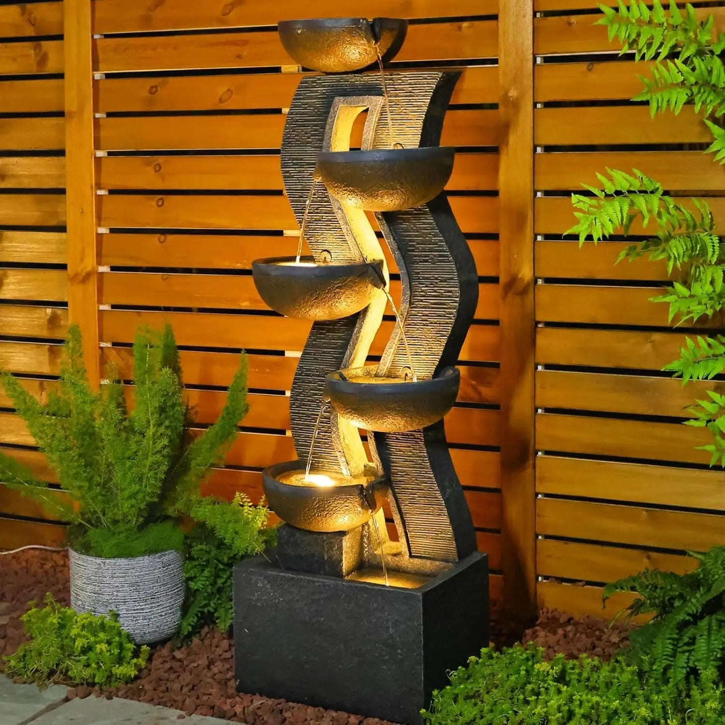 52.8" Tall Outdoor Water Fountain with Lights, 6-Tier Cascading Resin Waterfall Feature for Porch, Garden, Yard, Deck, Patio – L