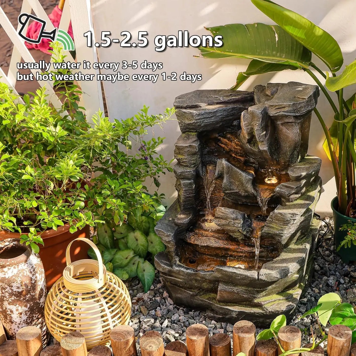 23.6" H Outdoor Water Fountain with 5 Tiers Cascading Realistic Rock Waterfall Fountains with LED Lights Outdoor Water Fountain