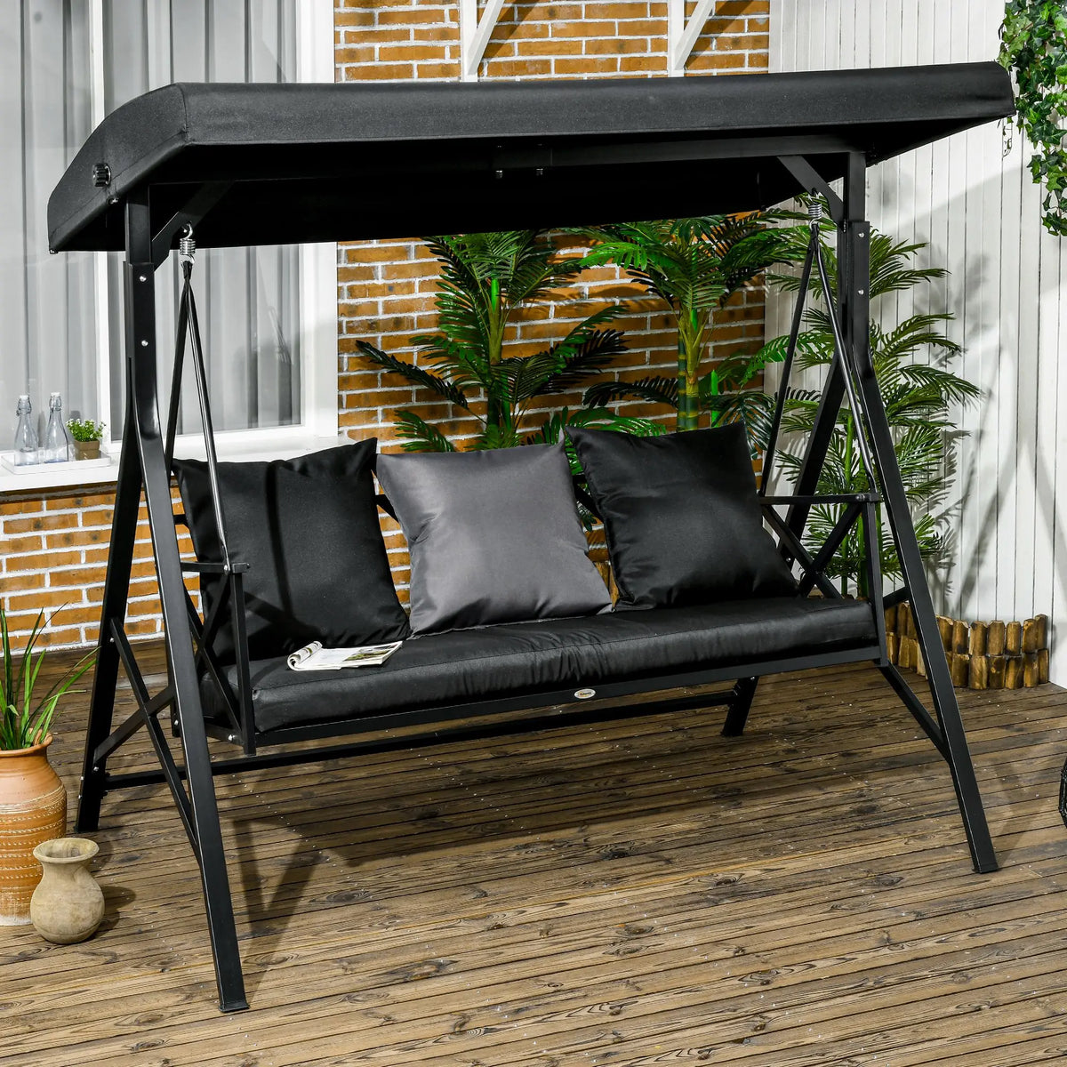 3-Seat Outdoor Swing with Adjustable Canopy and Cushions, Black