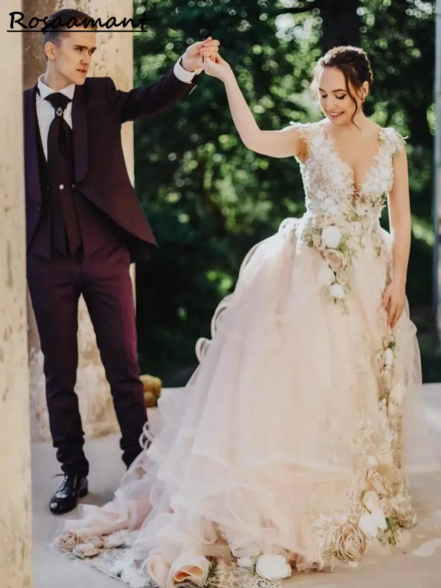 2025 Casual Dresses Garden 3D Flower Leaf Lace Wedding Dresses Gowns Modest Backless A-line Long Tulle Bridal Floral Party