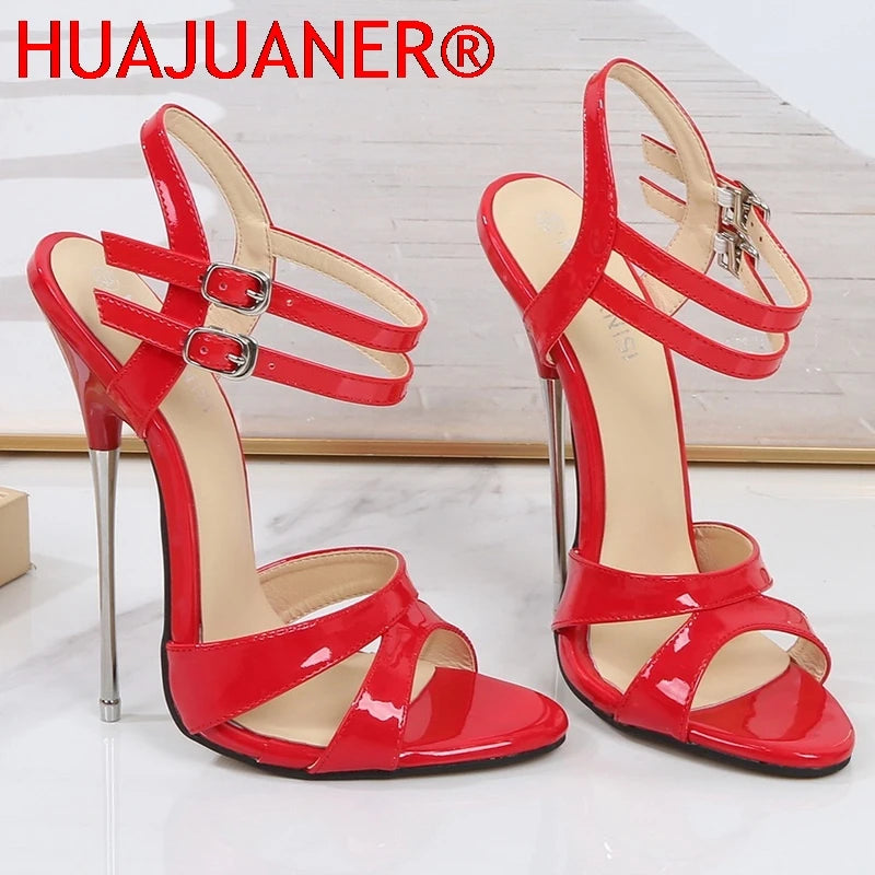 Women Metal High Heel Sandals Sexy Peep Toe Buckle Strap Stiletto Sandals for Nightclub Catwalk Show Princess Internet Celebrity