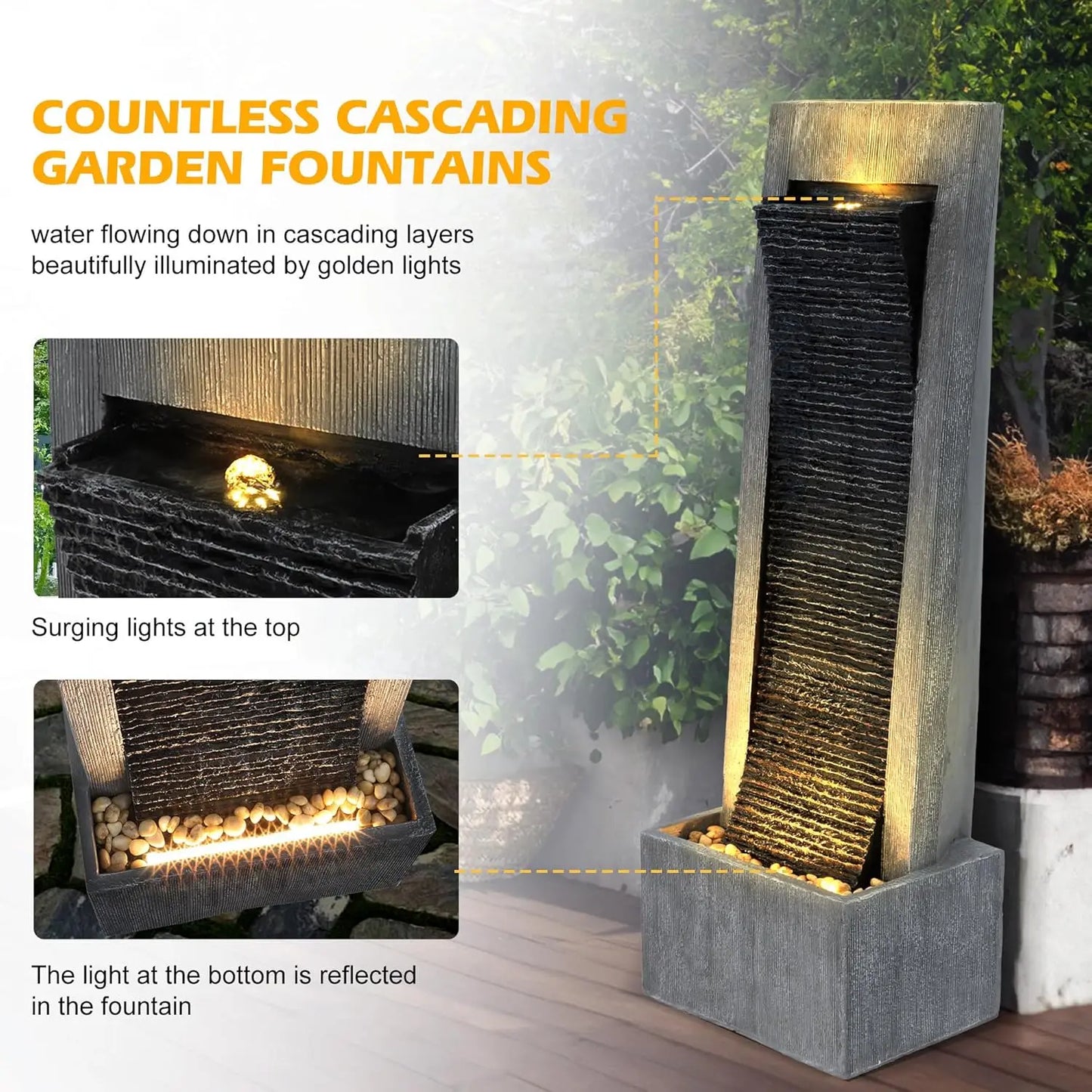 49.6''H Cascading Rock Water Fountain Outdoor Garden Waterfall with Lights, Fountain Indoor Decor for Garden, Patio, Backyard, D