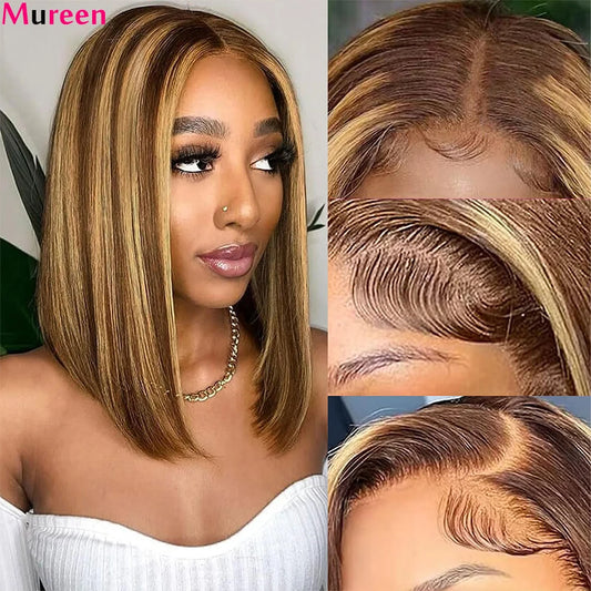 Mureen 4/27 Highlight Bob Wig Human Hair Straight 4/27 Honey Blonde Short Bob Wig 13X4 HD Lace Front Wig 100% Human Hair Wigs