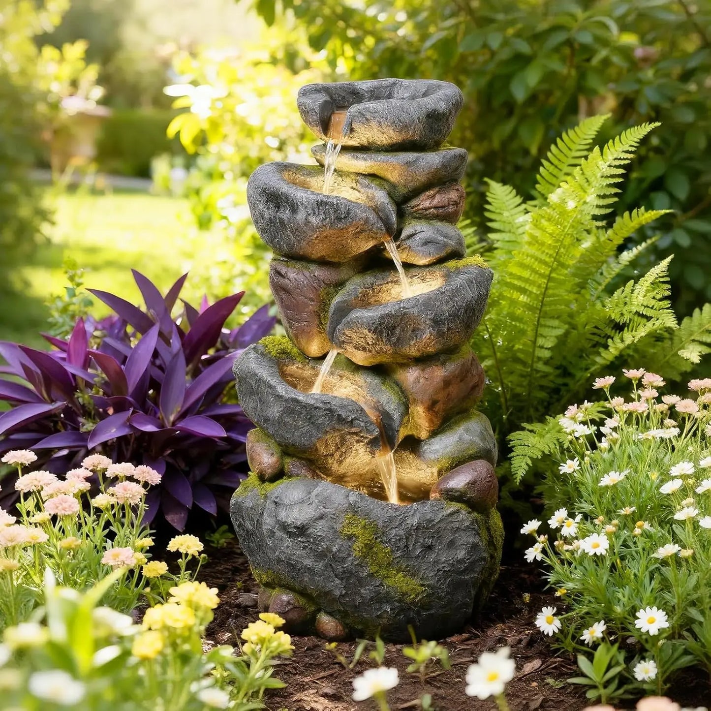 Large Water Fountain Outdoor - 5 Tiers Cascade Floor Standing Rock Wood Like Waterfall Fountain with LED Lights, Custom