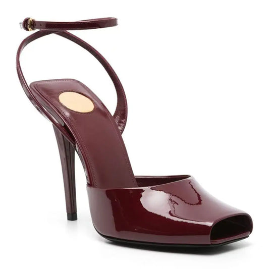 2025 New Square Toe Small Fish Mouth Straight Buckle with Slim High-heeled Fashion Patent Leather Sandals with Straps for Women