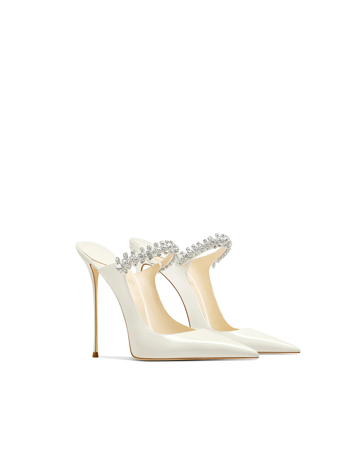 2026 White Patent Leather Temperament Rhinestone with Skirt Pointed Head Stiletto High Heels Women
